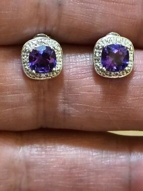 Sterling Silver Amethyst & Diamond Halo Stud Earrings Signed Designer